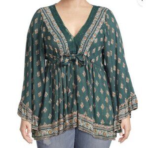 Romantic Gypsy Forest Teal Green Handkerchief hem Printed Boho Top Plus sz 1XL